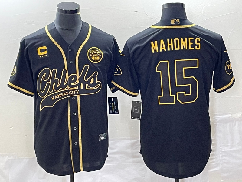 Men’s Kansas City Chiefs #15 Patrick Mahomes Black Gold With 4-star C Patch Cool Bae Stitched Baseball Jersey